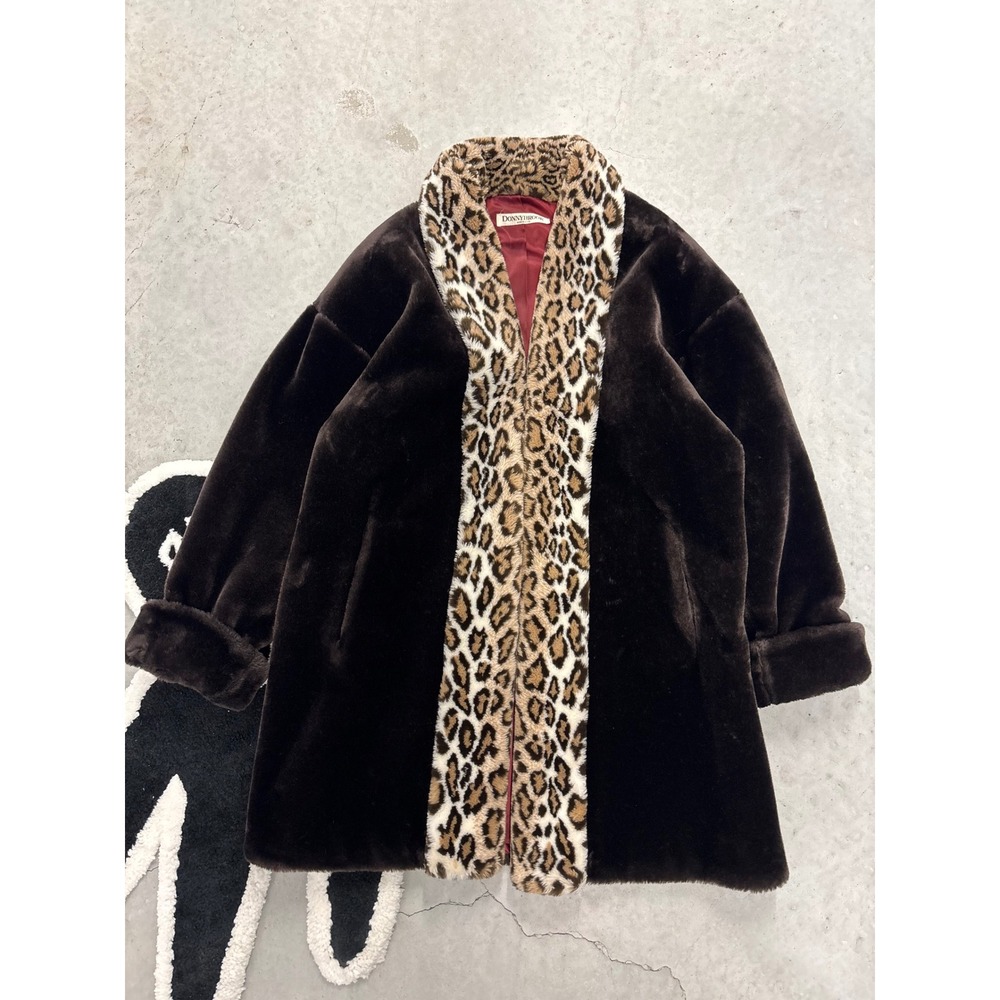 Donnybrook Vintage Faux Fur Coat Brown Leopard Trim Mid Length Jacket Medium